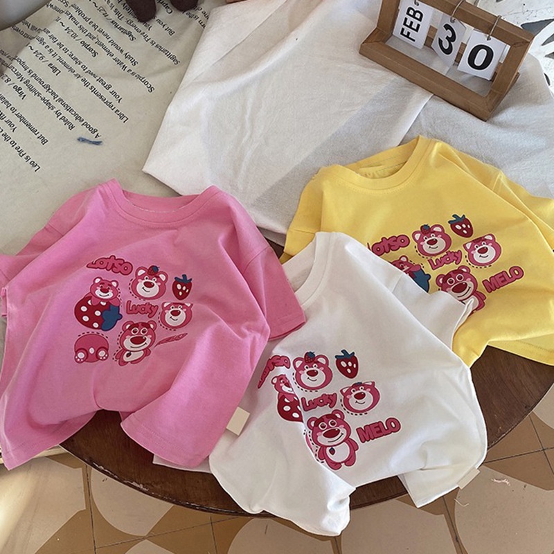 Áo Thun Cotton Tay Ngắn In Hình Gấu Và Dâu Tây Dễ Thương Phong Cách Hàn Quốc Cho Bé 0-7 Tuổi