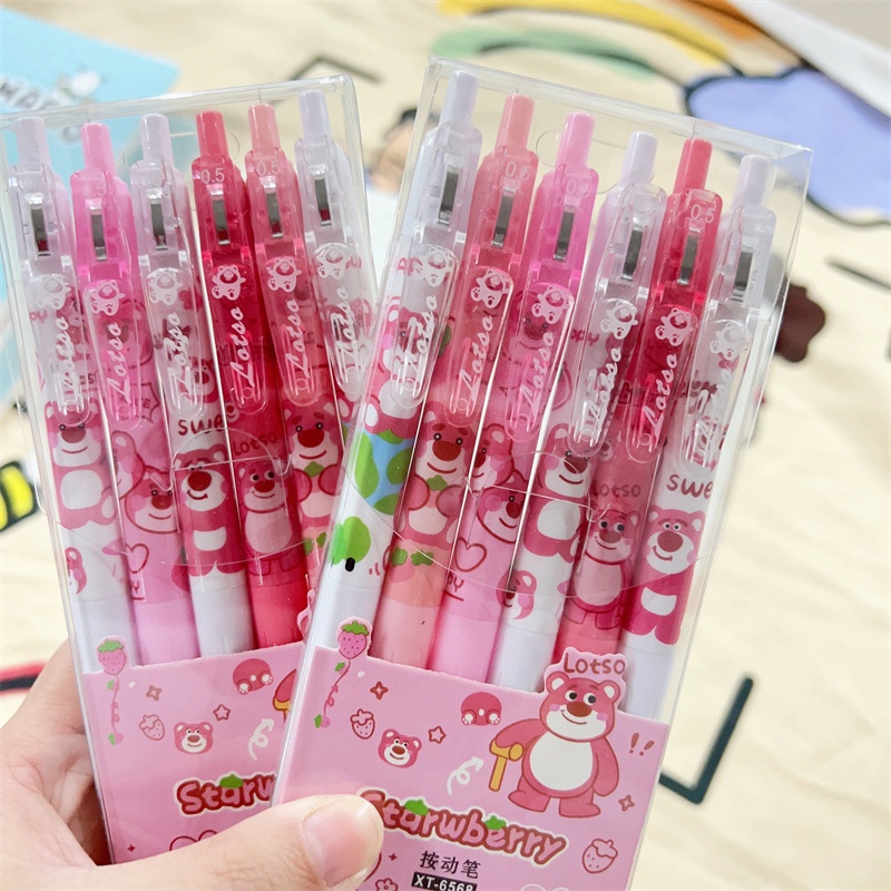 Set 6 Bút Bi Đen In Hình Gấu Dâu Tây Đáng Yêu
