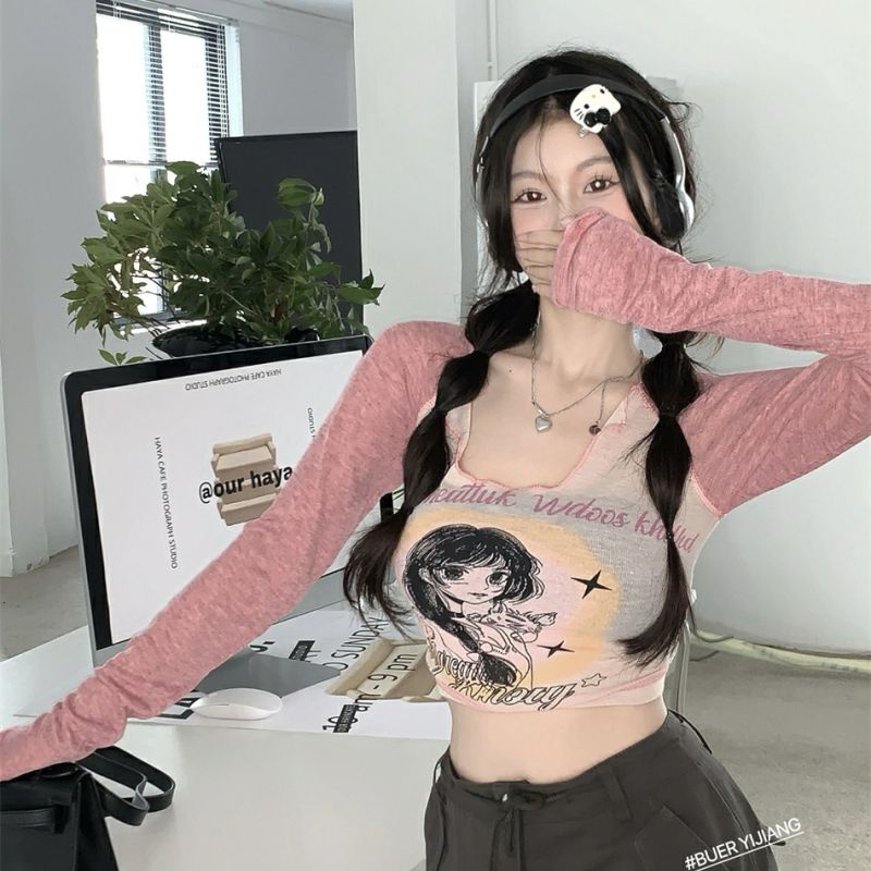 Áo baby tee Thun croptop Lửng Tay Dài Dáng Ôm Màu Sắc Tương Phản Thời Trang Cho Nữ