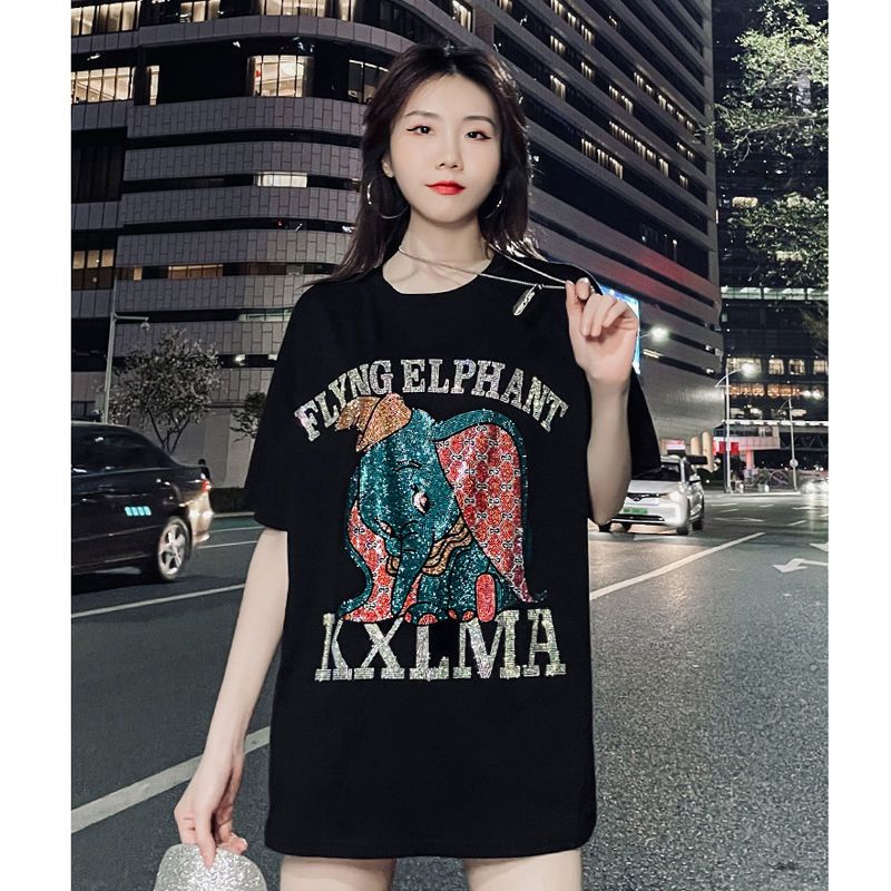 Áo Thun Tay Ngắn Dáng Rộng In Chữ Hoạt Hình Đính Đá Thời Trang Mùa Hè Cho Nữ Từ 2-150kg