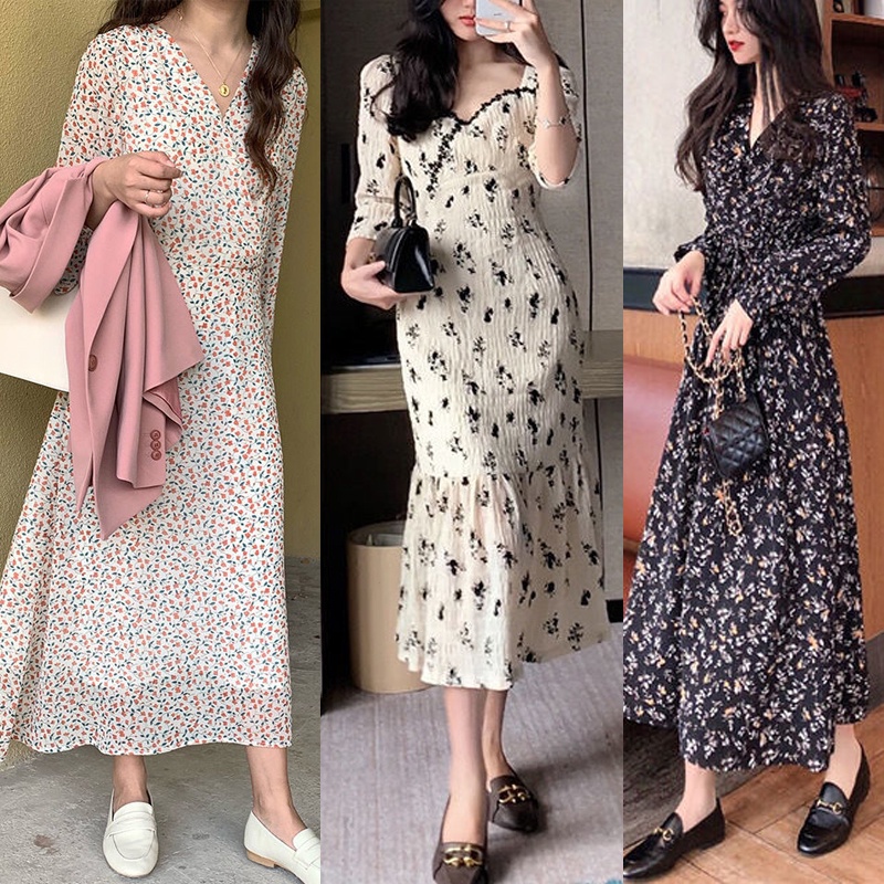 Đầm Maxi Chiffon Dài Tay In Hoa Một Mảnh Cho Nữ