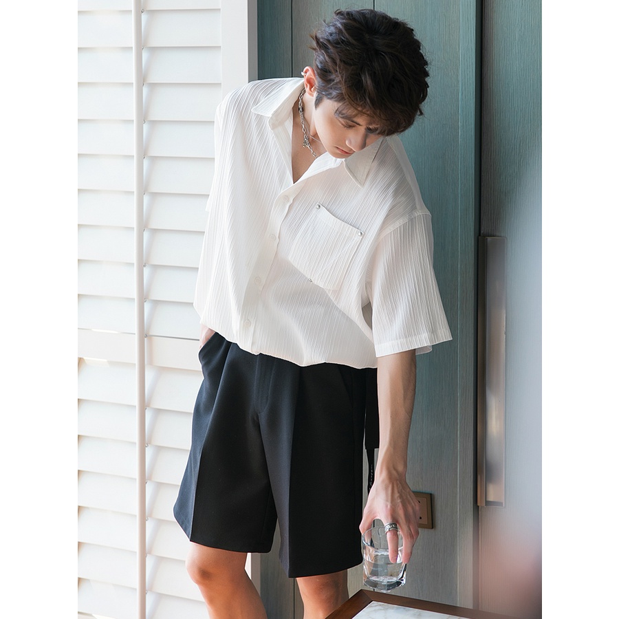 Áo Sơ Mi Tay Ngắn Dáng Rộng Xếp Ly Phong Cách CHICERRO Sicilian Thời Trang Mùa Hè Mới Cho Nam