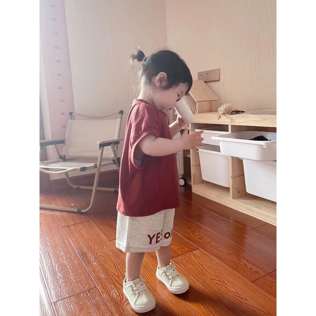 Set Áo Thun Tay Ngắn + Quần Short In Họa Tiết Vui Nhộn Phong Cách Hàn Quốc Mới Cho Bé