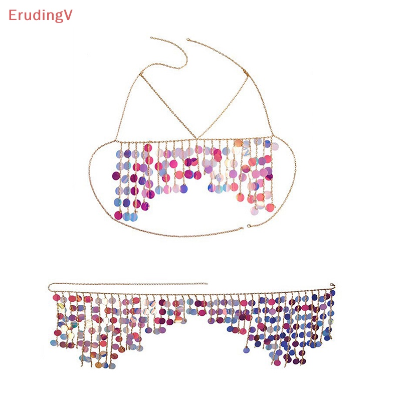 [ErudingV] Set Áo Ngực Nhiều Lớp Tua Rua Và Dây Xích Đeo Hông Đính Kim Sa Thời Trang Gợi Cảm Đi Tiệc y2k [Mới]