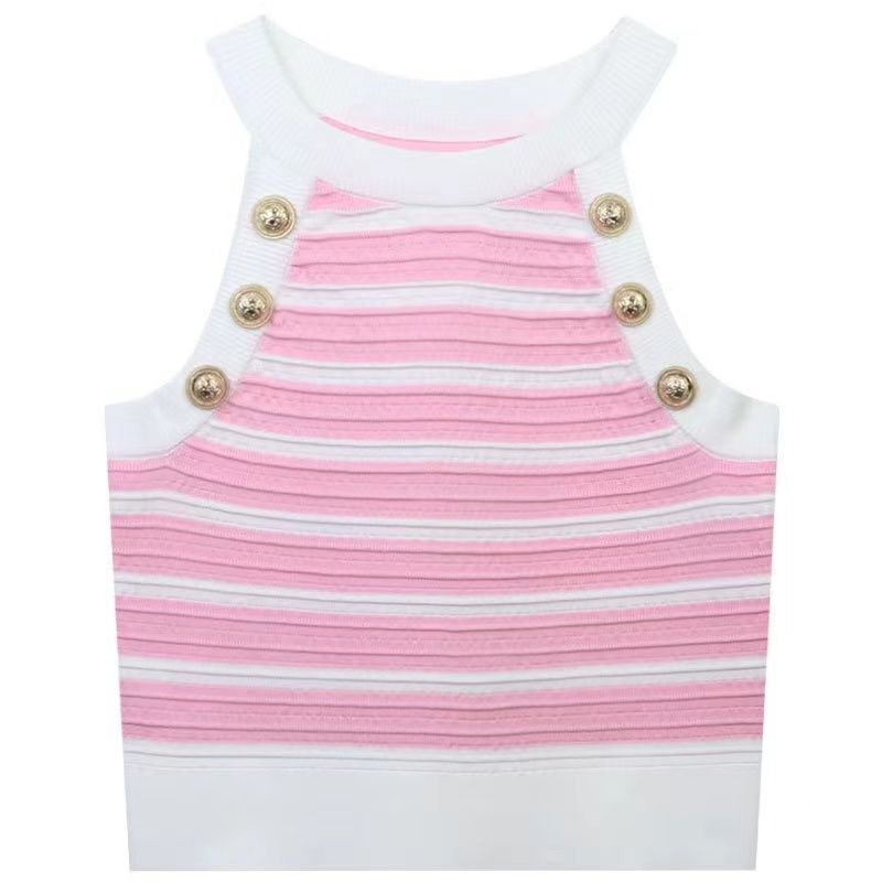 Áo Hai Dây Dệt Kim Ôm Dáng Họa Tiết Kẻ Sọc Phong Cách Pháp Thời Trang Mùa Hè Mới Cho Nữ