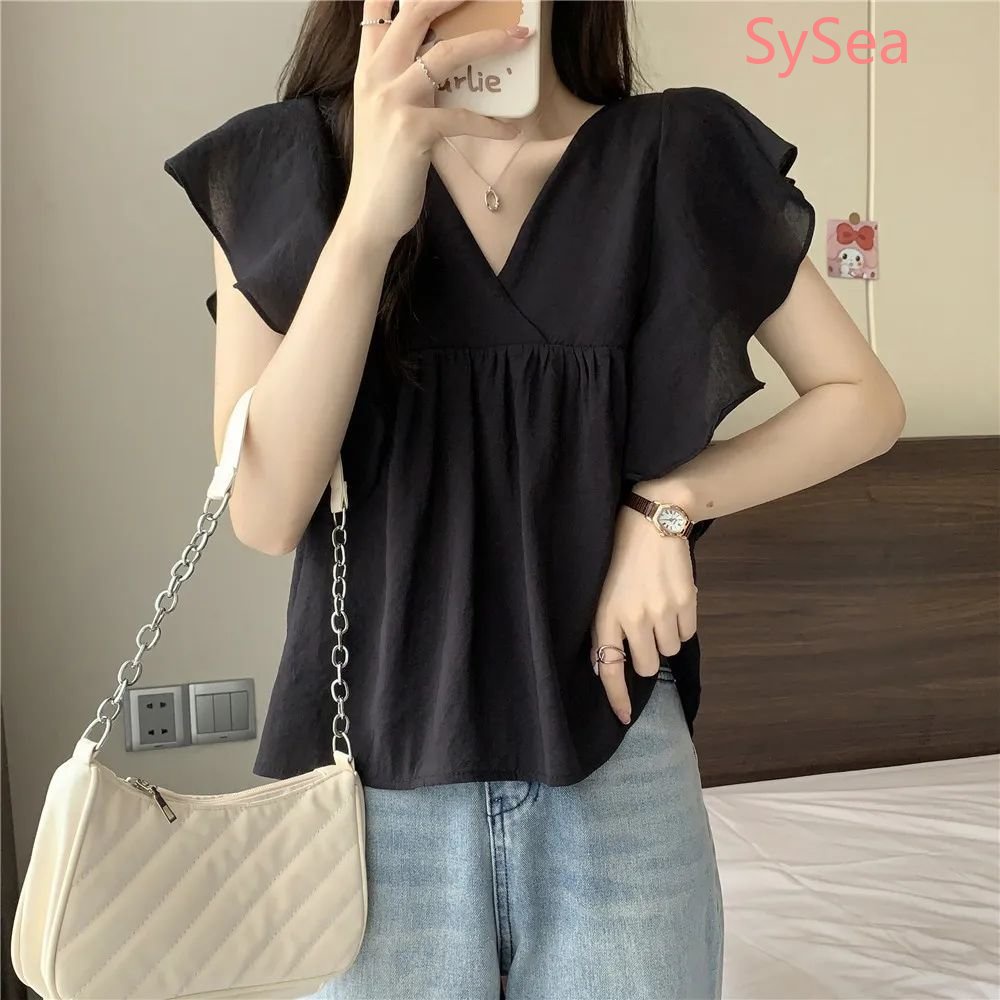 Plus Áo Kiểu Tay Phồng Cổ Chữ V Phong Cách Hàn Quốc Thanh Lịch Cho Nữ