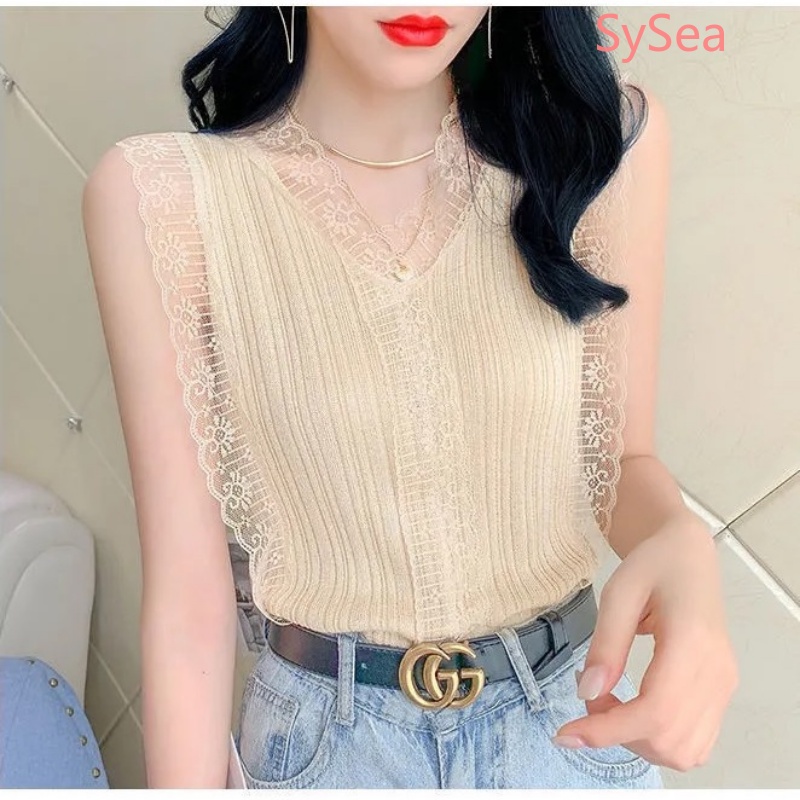 Áo Hai Dây Dệt Kim Dáng Rộng Cổ Chữ V Phối Ren Quyến Rũ Cho Nữ