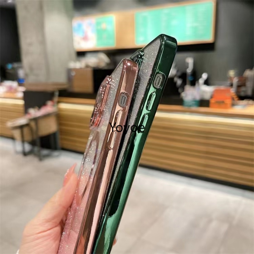 Ốp Điện Thoại Kính Cường Lực Viền Silicon Dẻo Màu Phấn Lấp Lánh Kèm Giá Đỡ Từ Tính Cho iPhone 14 Plus 13 12 11 Pro Max