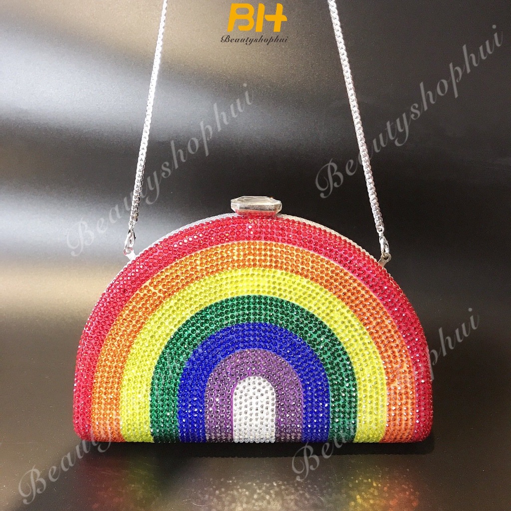 Túi Đeo Chéo Vai Cầm Tay Đính Kim Cương Giả Màu Cầu Vồng Mới Dành Cho Bạn Nữ Dự Tiệc Tối
