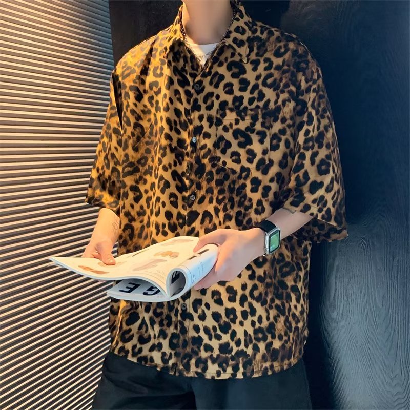 Áo Sơ Mi Nửa Tay Nam Họa Tiết Màu M-3XL Xù Đẹp Trai Hộp Đêm Phong Cách Da Báo In Nửa Tay Áo Sơ Mi Nam Mùa Hè Hợp Thời Trang Rời Áo Sơ Mi Thường Ngày Ra