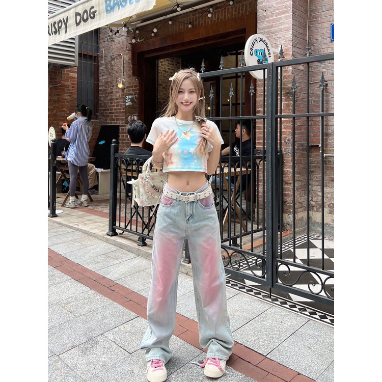 Quần Jean Ống Rộng Màu Sắc Tương Phản Graffiti Phong Cách Mỹ Thời Trang Mùa Hè Cho Nữ
