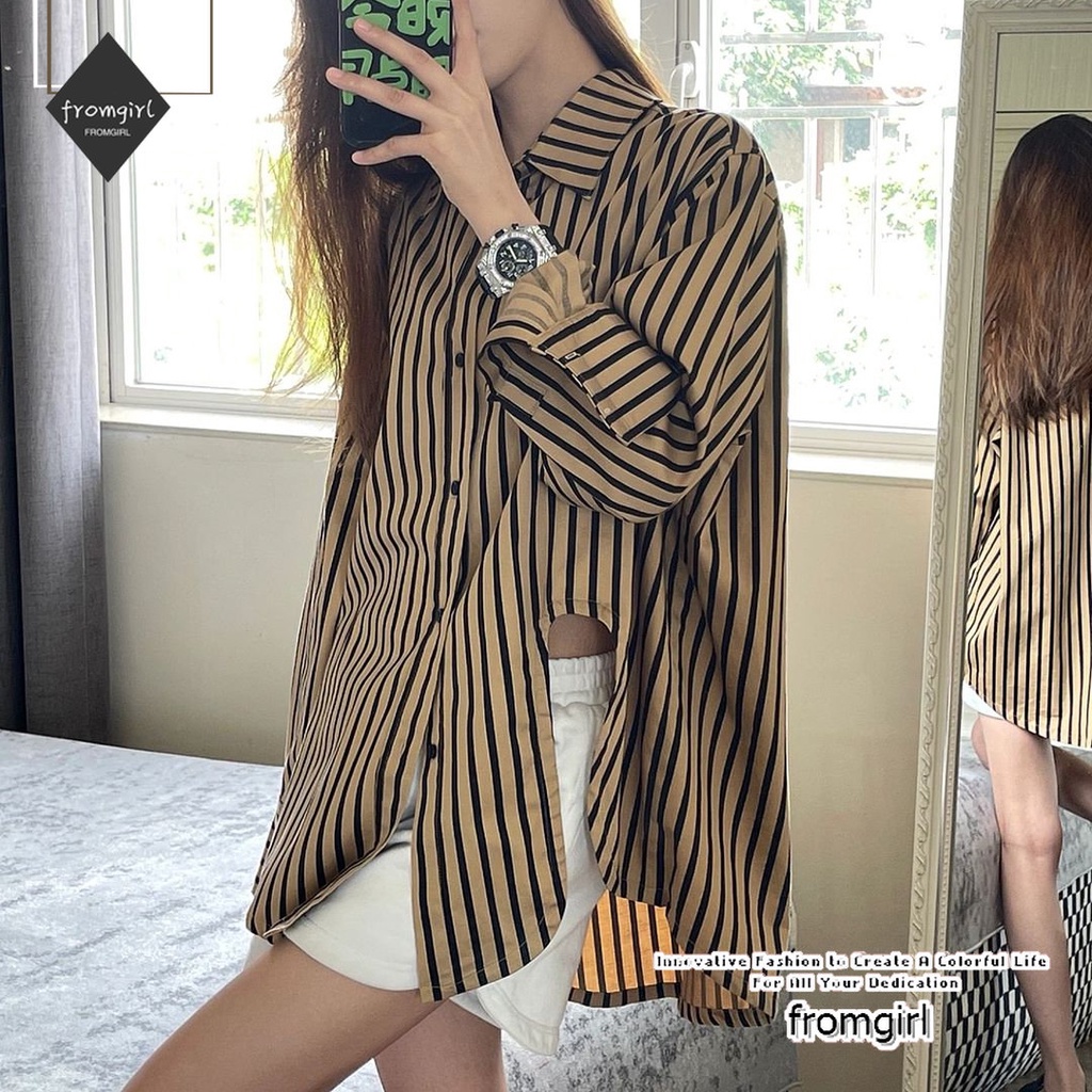 Áo Sơ Mi Dài Tay Dáng Rộng Họa Tiết Kẻ Sọc Thời Trang Hàn Quốc 2023
