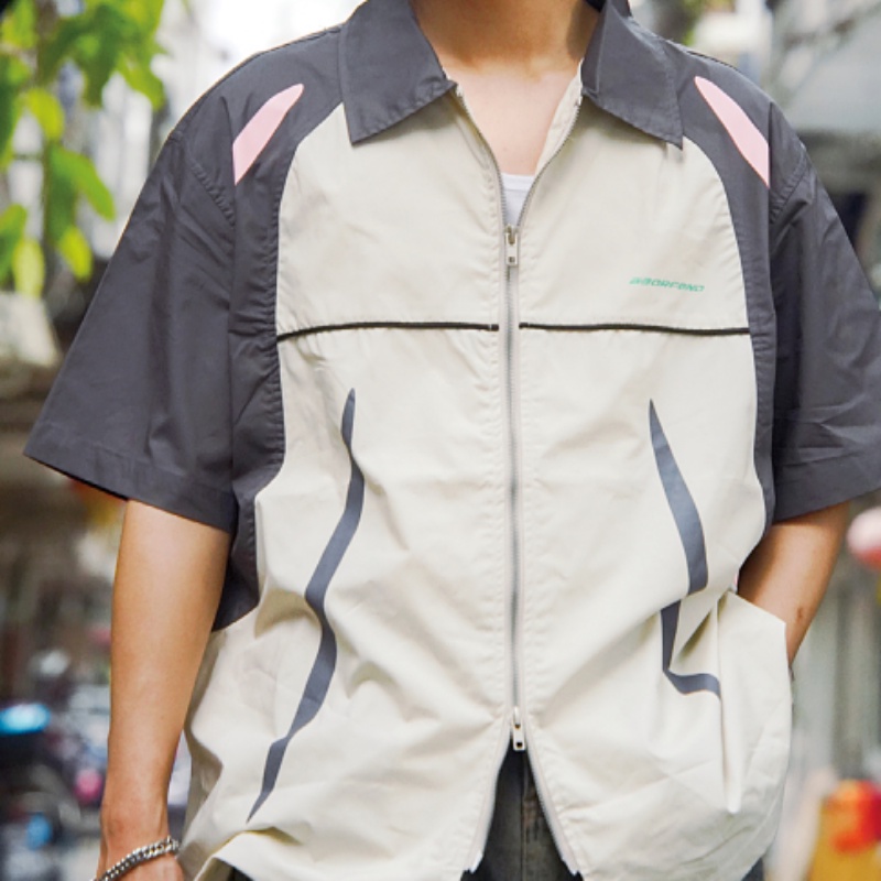 Áo Sơ Mi Tay Ngắn Dáng Rộng Có Khóa Kéo Đôi Màu Sắc Tương Phản Phong Cách Đường Phố Mỹ Cá Tính Cho