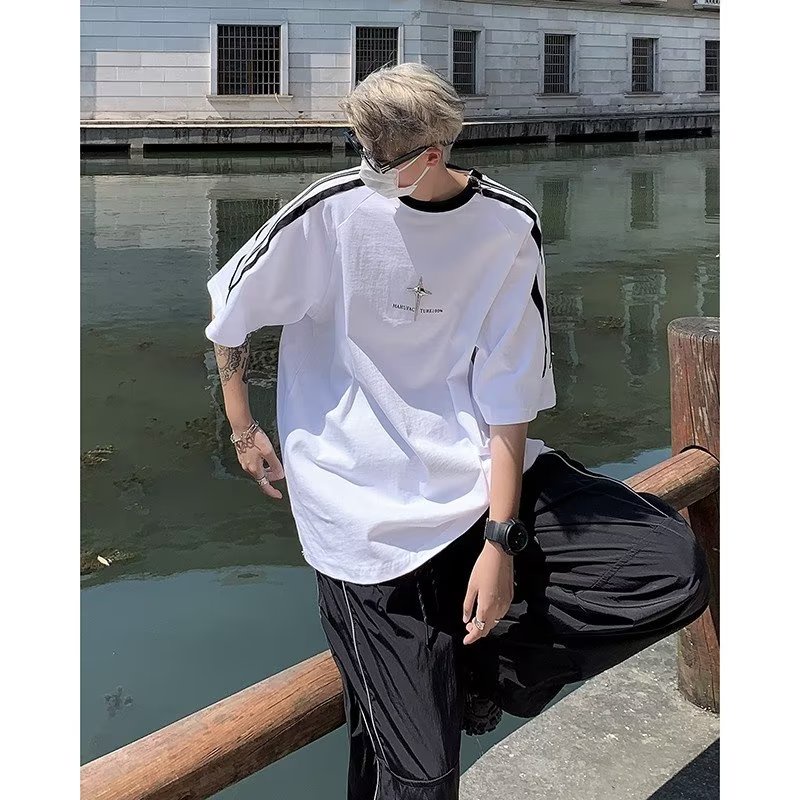 Áo Thun Tay Ngắn Dáng Rộng Phối Khóa Kéo Kim Loại Phong Cách Đường Phố Mỹ 2023 Cho Cặp Đôi