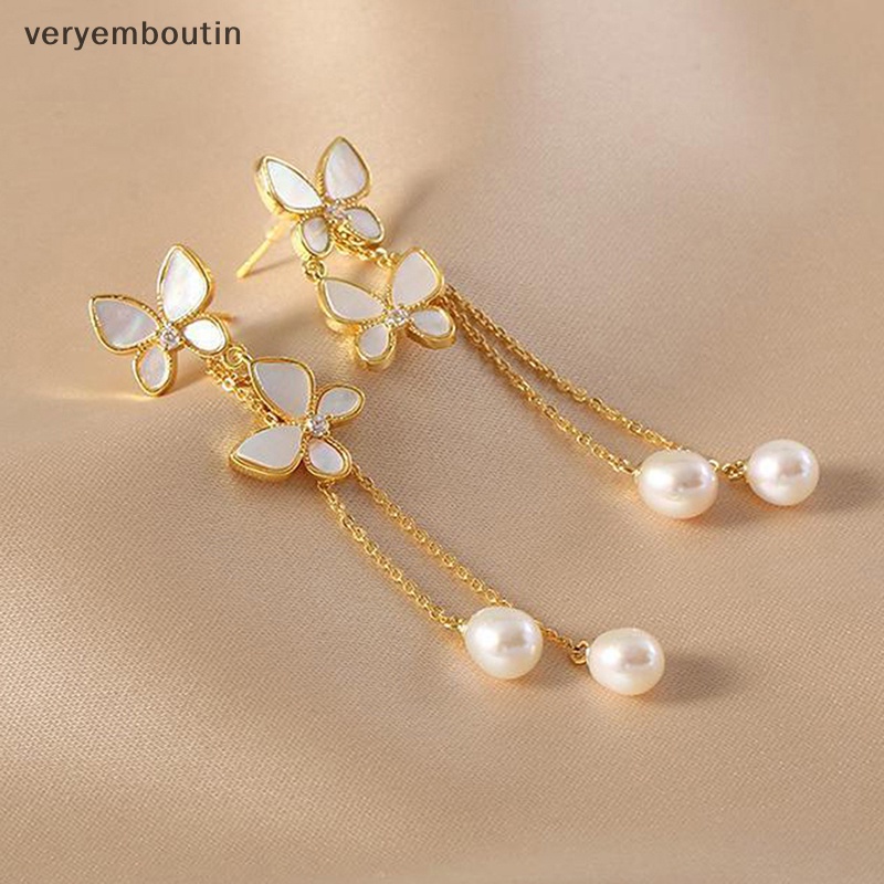 1 Đôi Bông Tai Dáng Dài Hình Bướm Đính Ngọc Trai Lãng Mạn Thời Trang Cho Nữ