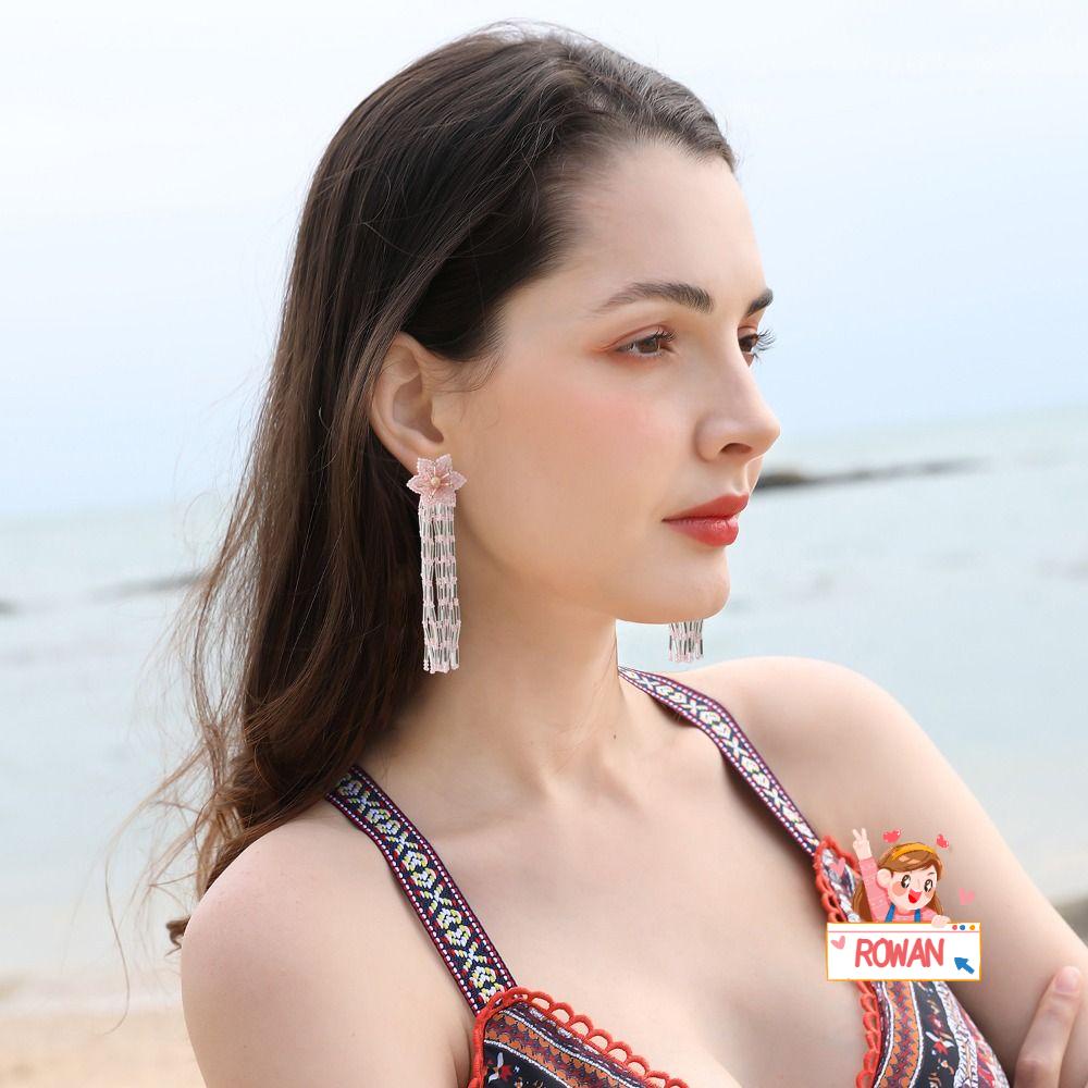 Bông Tai Chuỗi Hạt Tua Rua Dài Thời Trang