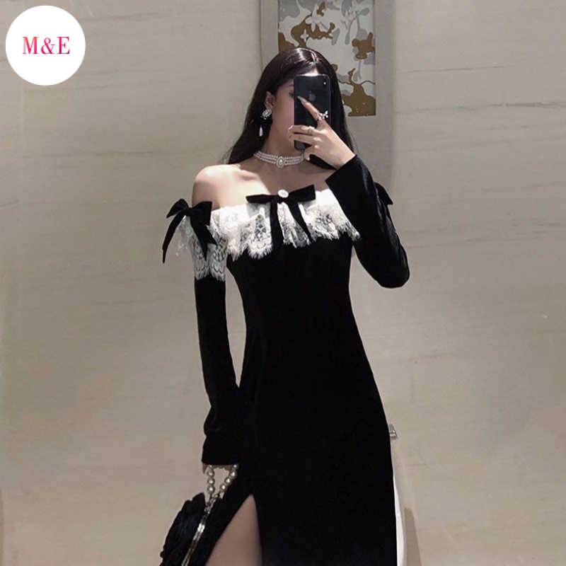 M &amp; E [Giao Hàng Trong Ngày] Đầm Nhung Dài Tay Màu Đen Phong Cách Pháp Cổ Điển 2023