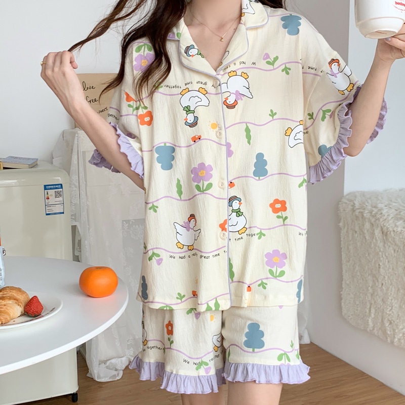Bộ Đồ Ngủ Ngắn Tay Chất Liệu Cotton In Hình Vịt Thời Trang Mùa Hè Dành Cho Nữ