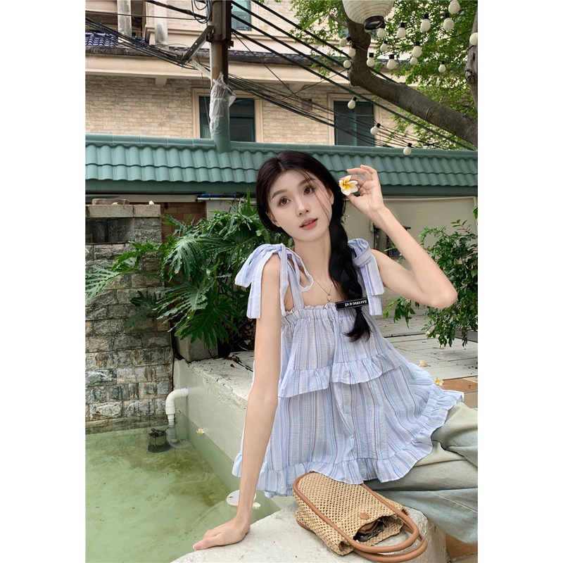 Áo Hai Dây Nhún Bèo Dáng Rộng Họa Tiết Kẻ Sọc Thời Trang Mùa Hè Xinh Xắn Cho Nữ