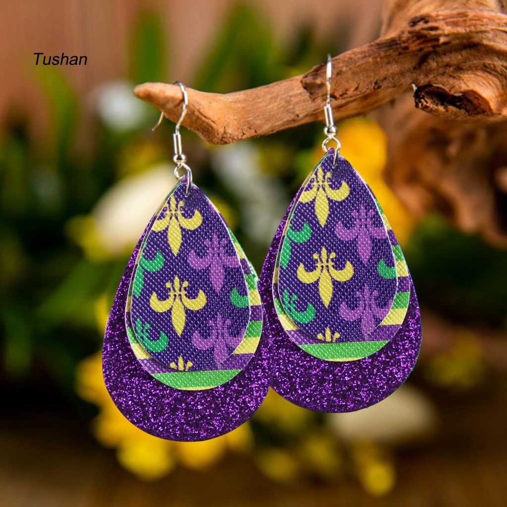 [Ts] 1 Đôi Bông Tai Móc Hình Giọt Nước 3 Lớp Bằng Da Giả Nhiều Màu Sắc Trang Trí Lễ Hội