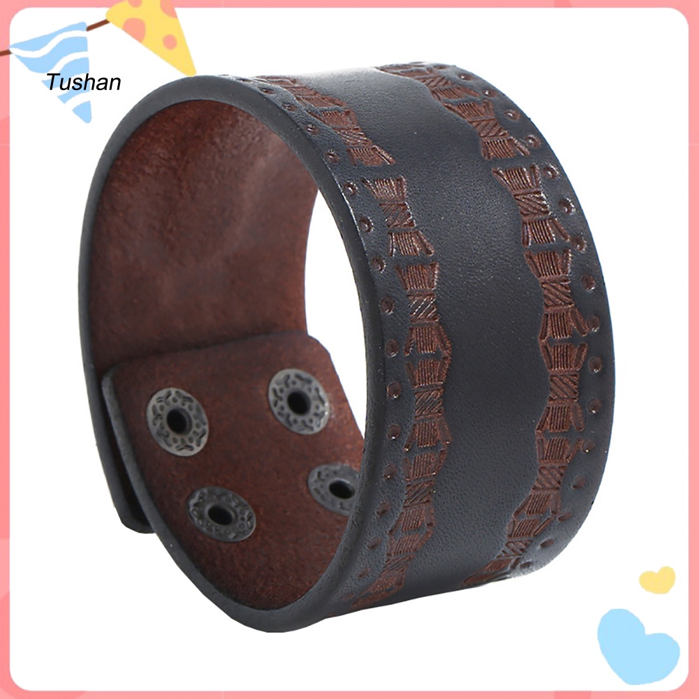 Vòng Tay Giả Da Bản Rộng Đính Nút Dập Nổi Họa Tiết Phong Cách Vintage Cho Nam