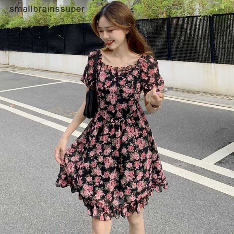 Đầm Hoa Tay Ngắn Cổ Vuông Thời Trang Mùa Hè Xinh Xắn Cho Nữ