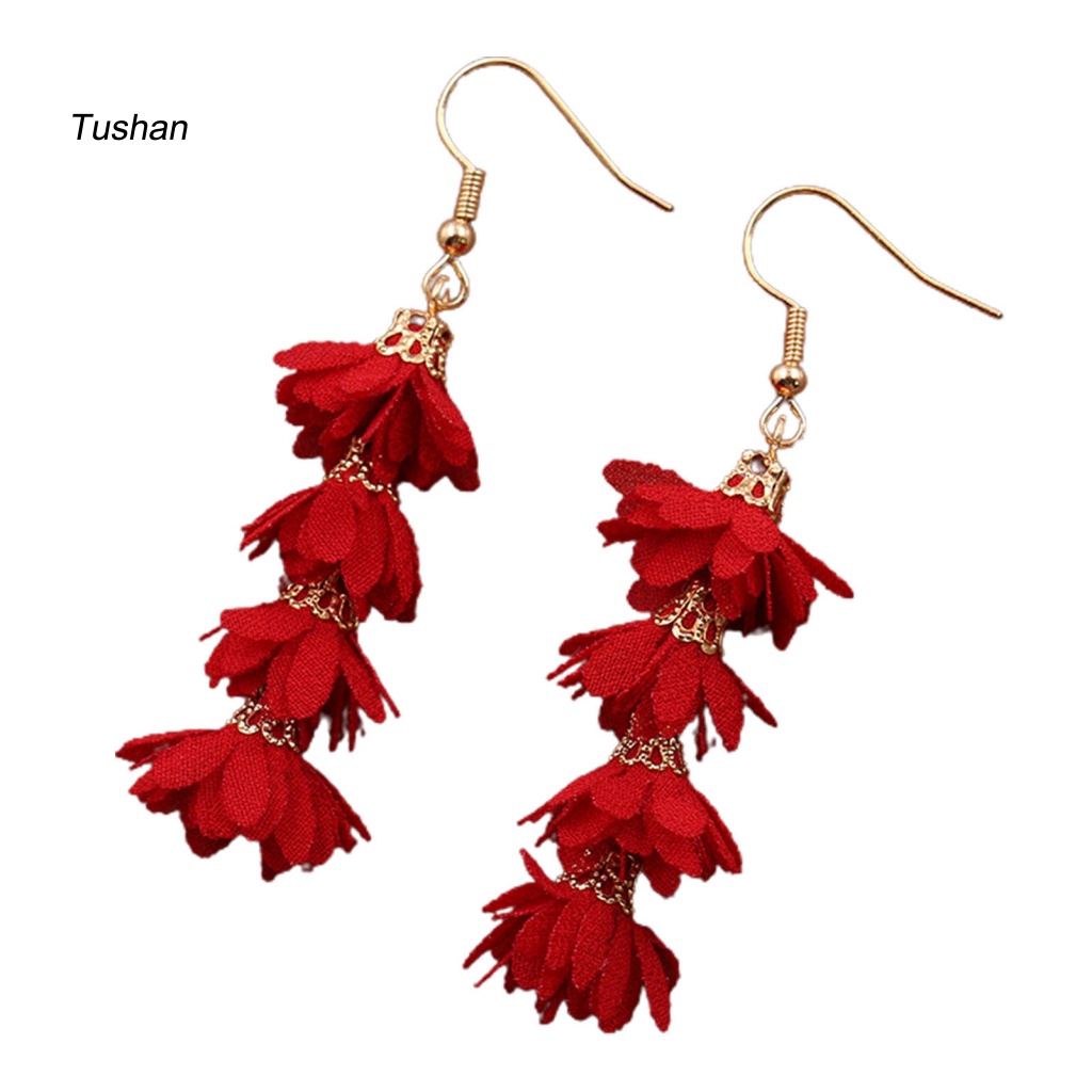 1 Đôi Bông Tai Hình Hoa Tua Rua Nhiều Lớp Bằng Hợp Kim