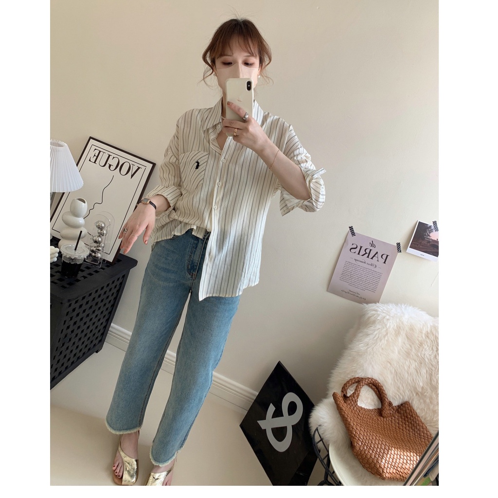 SUXI Áo Sơ Mi Chống Nắng Dáng Rộng Tay Dài Kẻ Sọc Có Túi Thời Trang Mùa Hè Cho Nữ