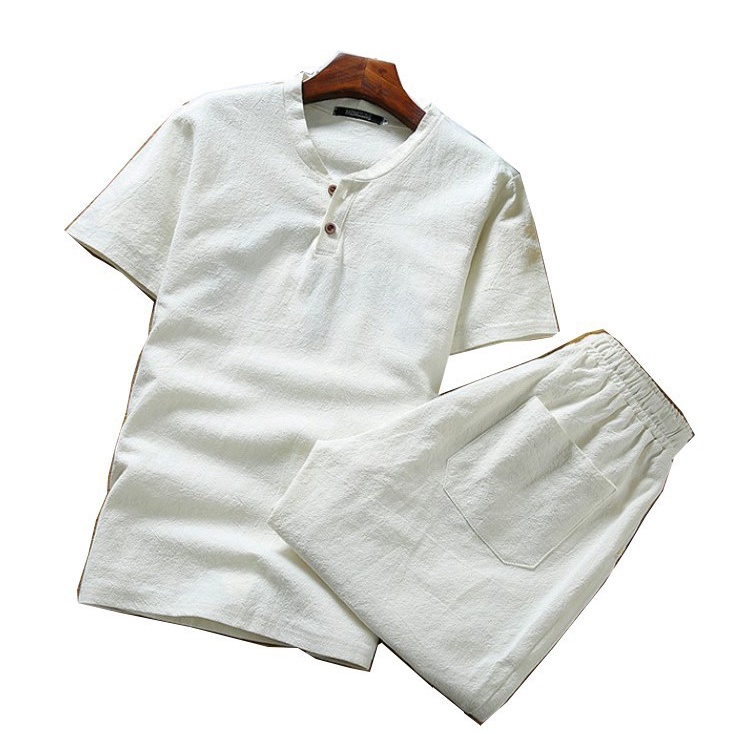 Set Áo Thun Tay Ngắn Cổ Chữ V + Quần Short Vải Lanh Cotton Màu Trơn Thời Trang Mùa Hè Mới 2023