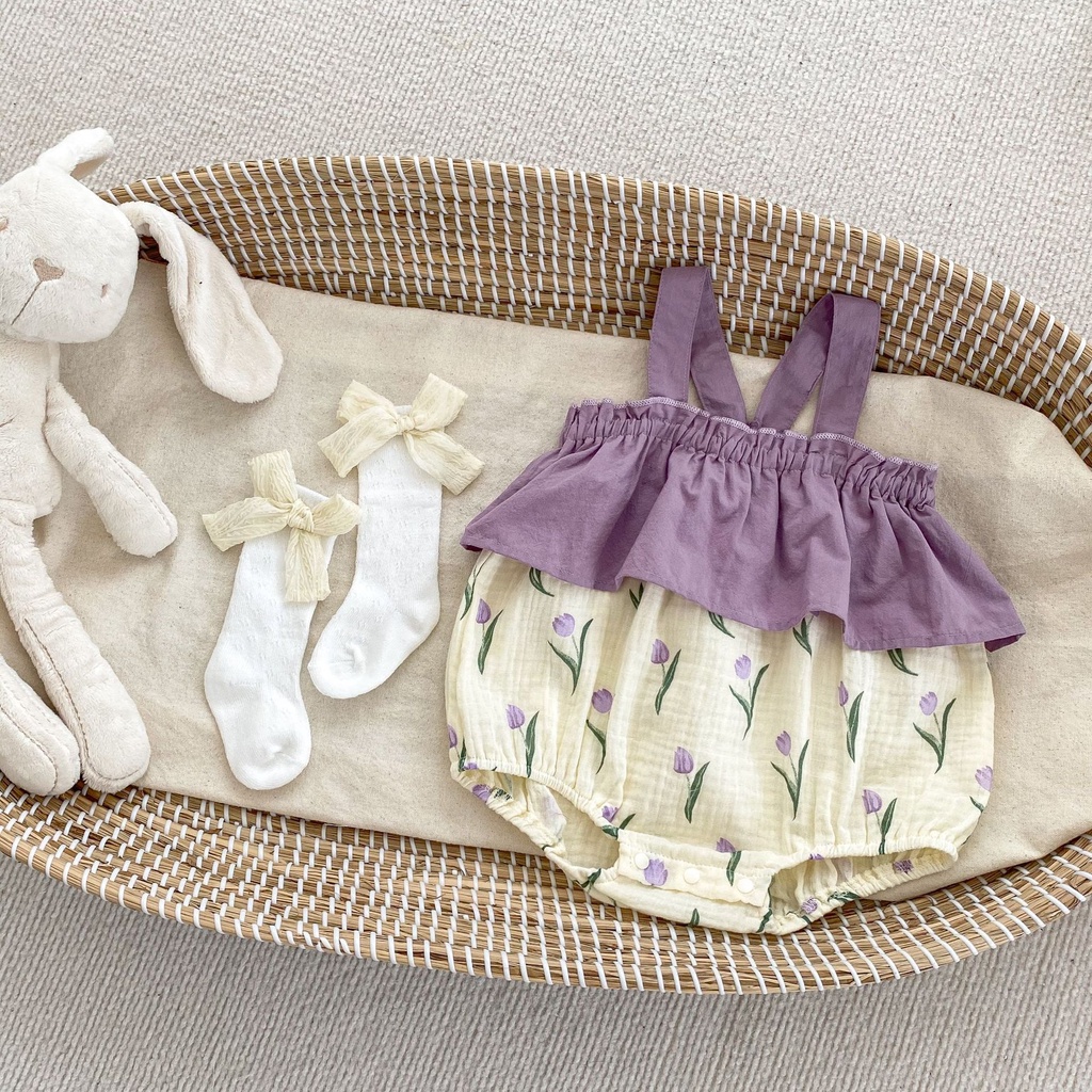 Bộ Áo Liền Quần Hai Dây In Hình Hoa Tulip Thời Trang Mùa Hè Cho Bé Gái Sơ Sinh