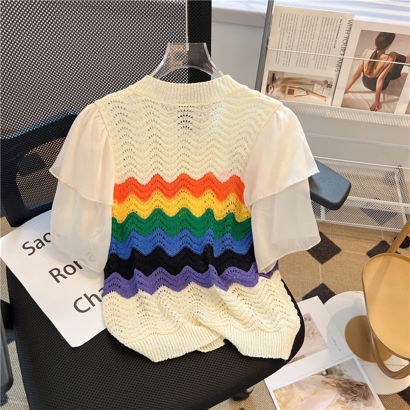 Áo cardigan Dệt Kim Mỏng Tay Phồng Cổ Thuyền Họa Tiết Kẻ Sọc Cầu Vồng Thời Trang Mùa Hè Hàng Mới Dành Cho Bạn Nữ