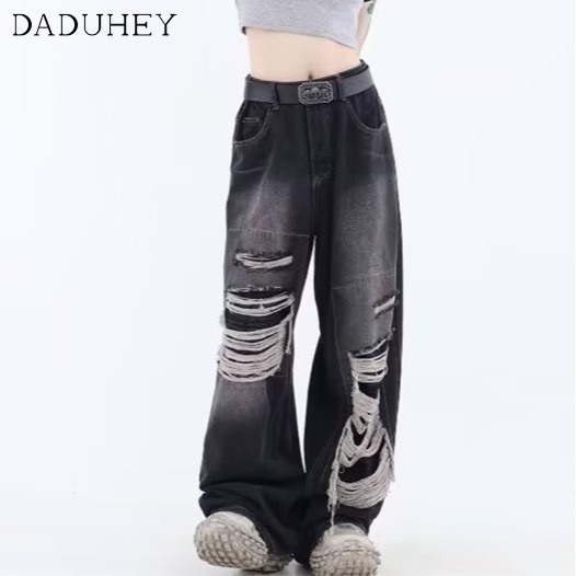 DaDuHey Men's and Women's 2023 New Hong Kong Style Retro High Waist Loose All-Match Ripped Jeans Ins Hip Hop Trend Baggy Straight Casual Pants