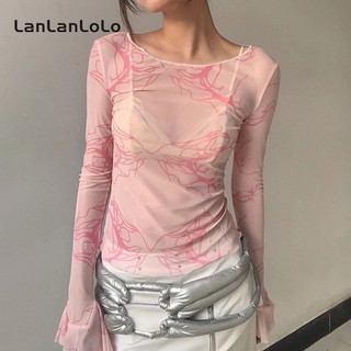 LanLanLo Nữ In Hình Cổ Tròn Dài Tay Lưới Sheer Slim Gợi Cảm Áo Thường Ngày