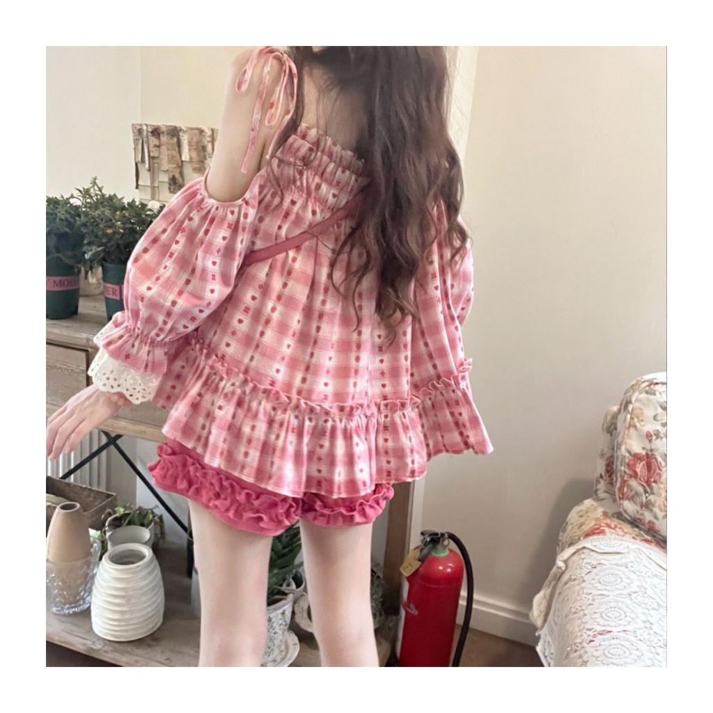 Milyfashion Quần Short Lưng Cao Màu Trơn Họa Tiết Dâu Tây Dễ Thương Thời Trang Mùa Hè