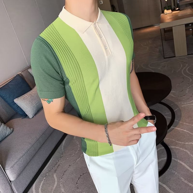 Áo Thun polo Ngắn Tay Vải Lụa Lạnh Mỏng Dáng Ôm Phối Màu Tương Phản Thời Trang Mùa Hè 2023 Cho Nam