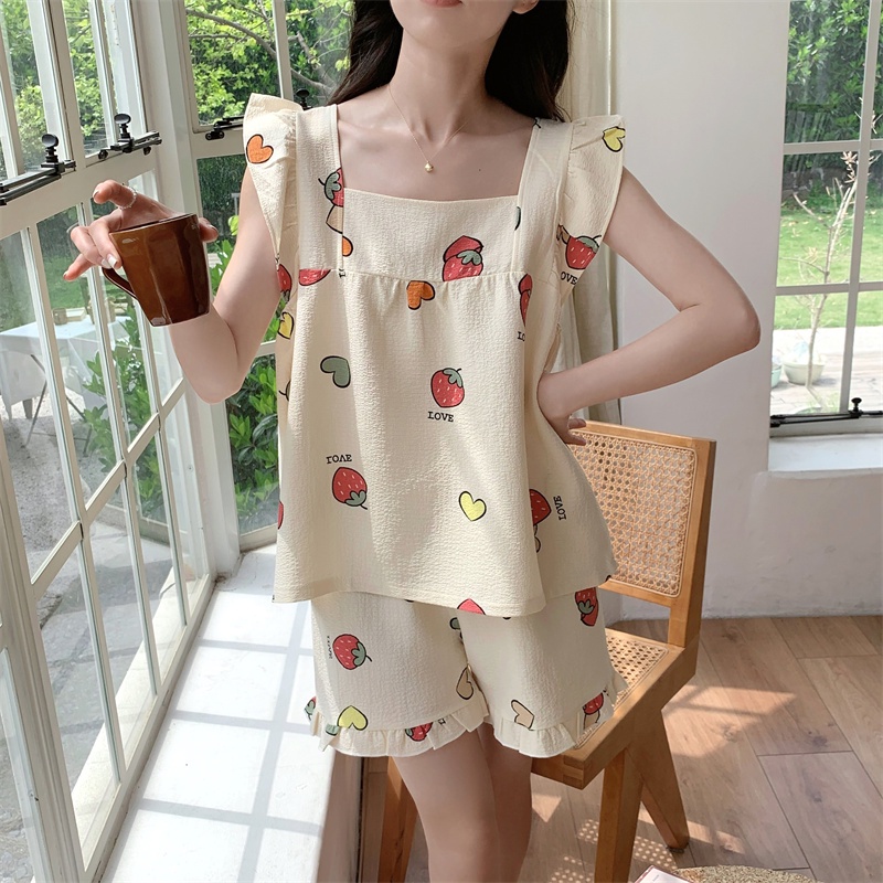 Đồ ngủ Phối Ren Họa Tiết Dâu Tây Đơn Giản Phong Cách Hàn Quốc Thời Trang Mùa Hè Hàng Mới Dành Cho Bạn Nữ