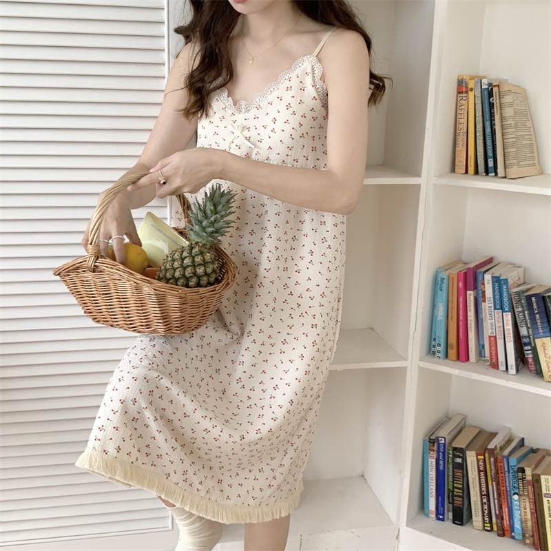 Đầm Ngủ Hai Dây Phối Ren Tua Rua In Hoa Dễ Thương Phong Cách Hàn Quốc Thời Trang Mùa Hè Cho Nữ