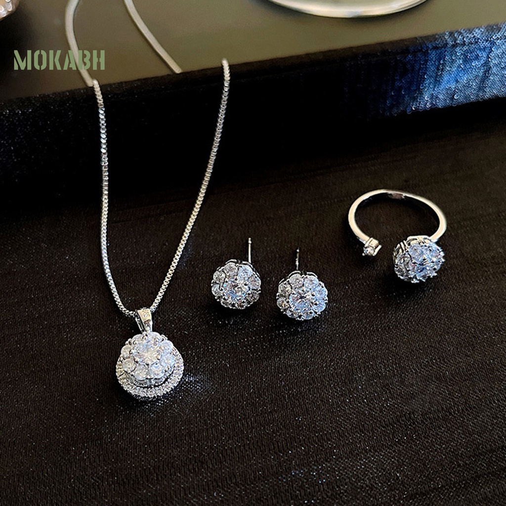Bộ Vòng cổ + Bông Tai + Nhẫn + Nhẫn Hình Tròn Đính Đá Lấp Lánh Thời Trang Sang Trọng Cho Nữ