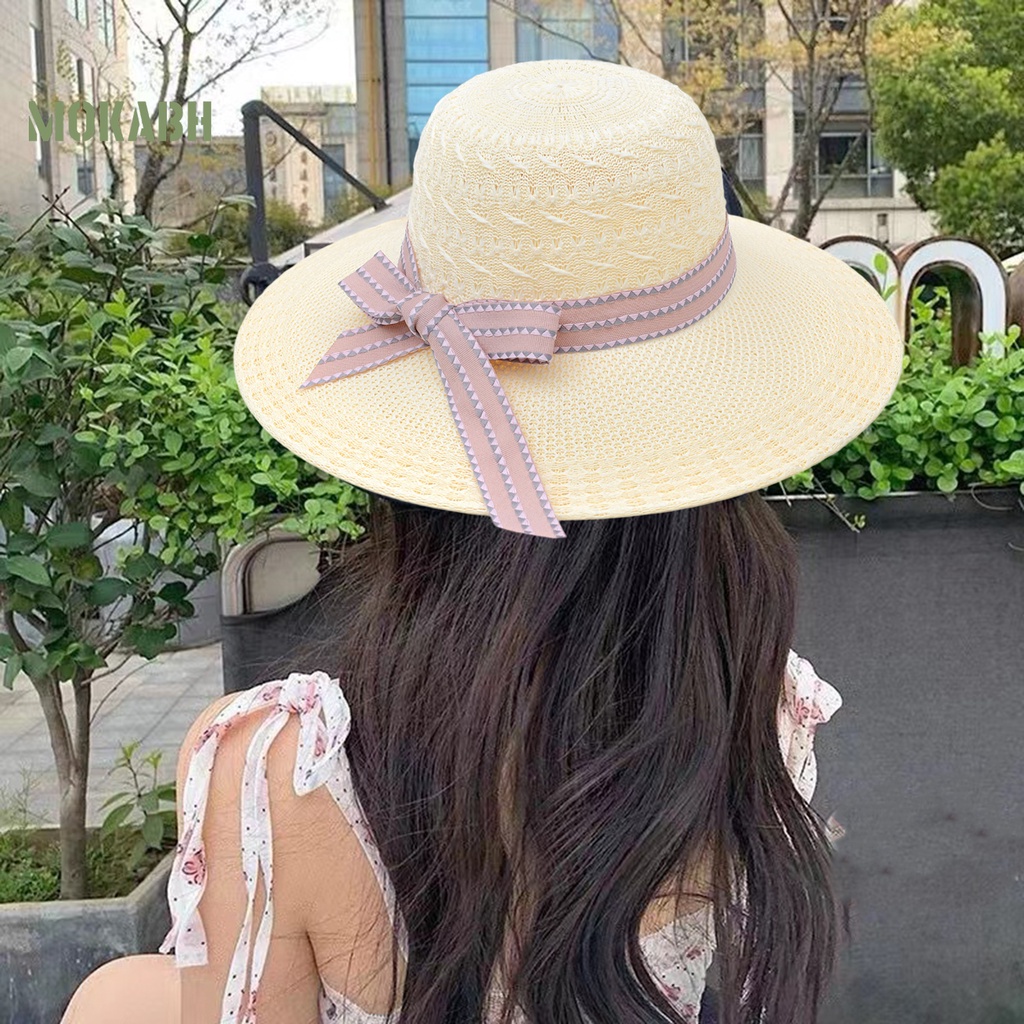 Nón Rộng Vành Thoáng Khí Đính Nơ Thời Trang Đi Biển Mùa Hè Cho Nữ