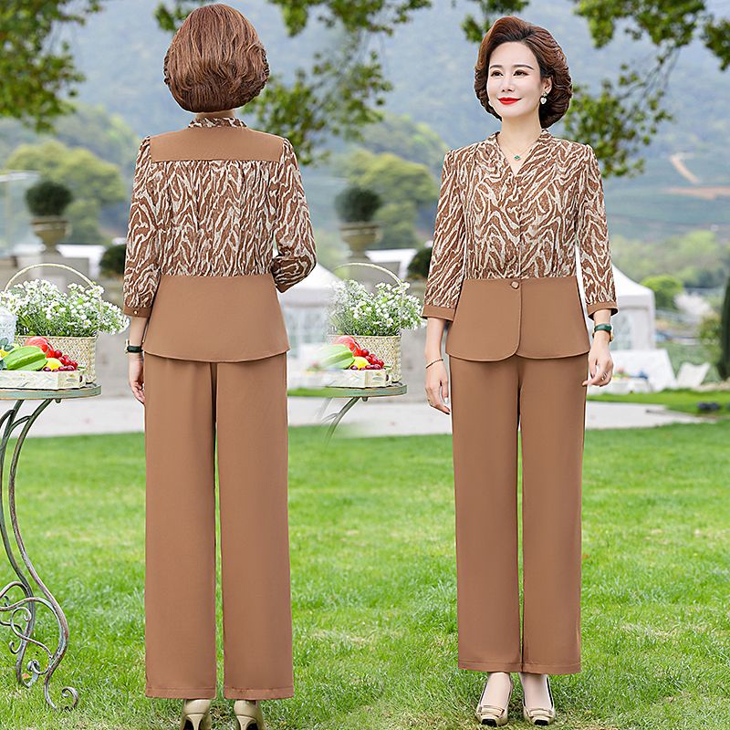 Bộ Áo Thun Tay Lửng Phối Voan + Quần Dài Thời Trang Mùa Hè Cho Phụ Nữ Trung Niên