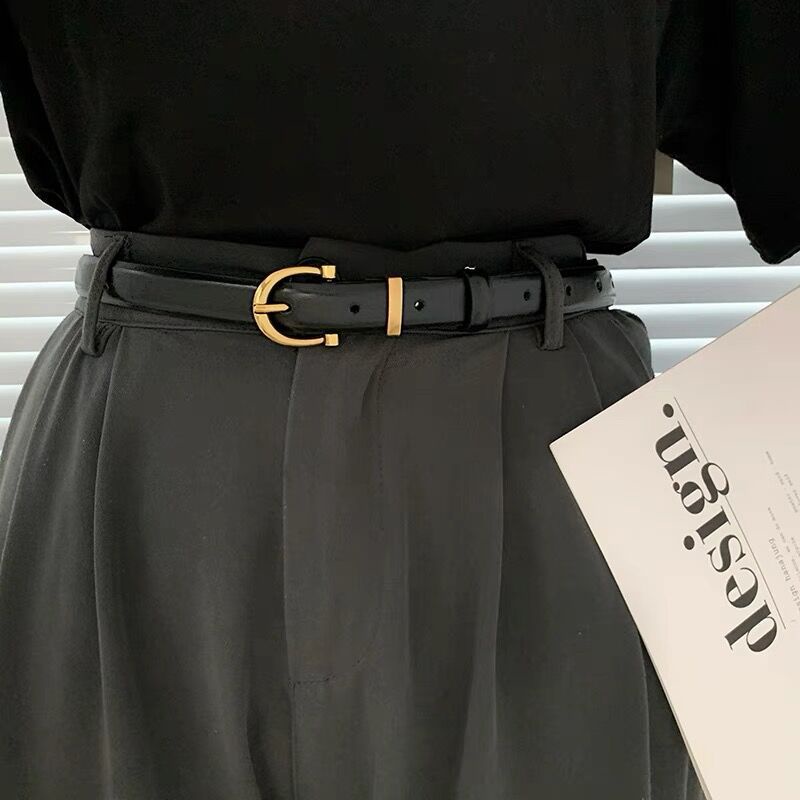 Thắt Lưng Da PU Mỏng Màu Đen Khóa Vàng Phong Cách retro Cho Nữ