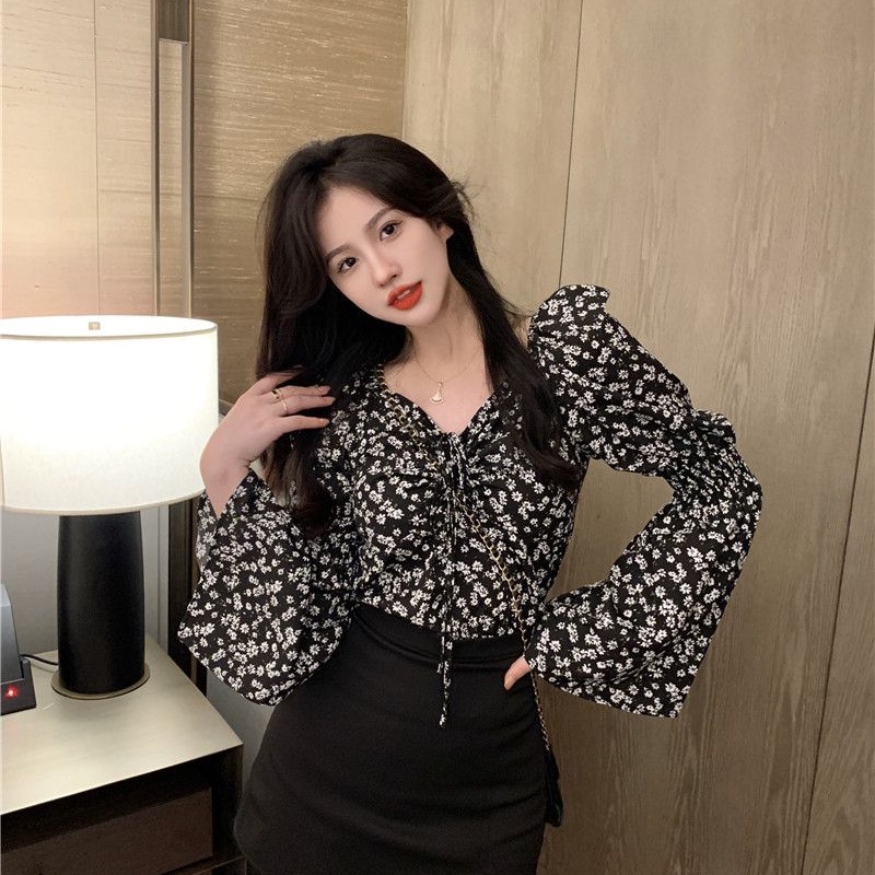 COZOK Áo Kiểu Tay Phồng Cổ Vuông Dáng Ôm In Hoa Thời Trang Quyến Rũ Cho Nữ