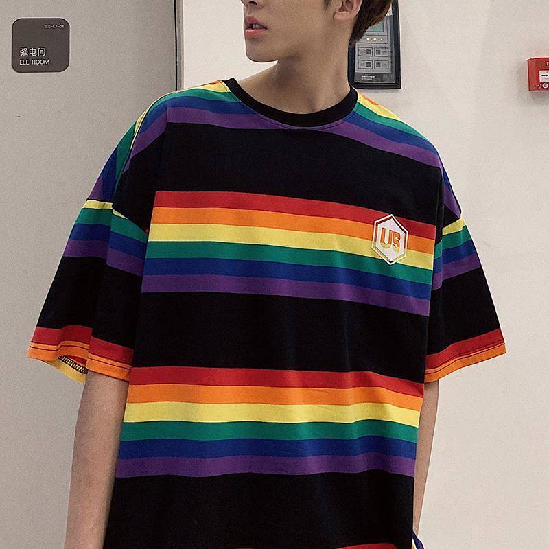 Summer Ins Rainbow Striped Short-Sleeved T-shirt Men and Women Couple Korean Style Fashion Brand Hip Hop Fried Street Loose Half Sleeve Shirt mdk3