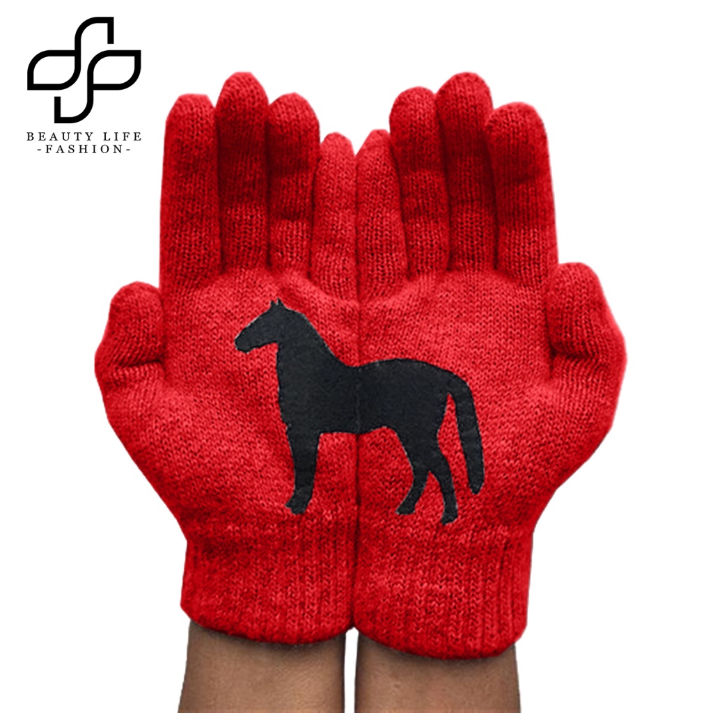 1 Đôi Găng Tay Len Chống Lạnh In Họa Tiết Ngựa Hoạt Hình Cho Nữ