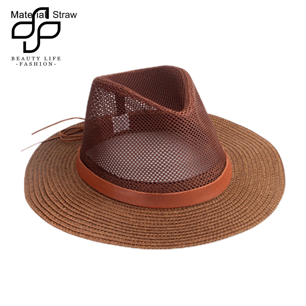 Nón Cao Bồi Rơm Rỗng Thoáng Khí Có Dây Rút Điều Chỉnh Được Trang Trí Cho Nam
