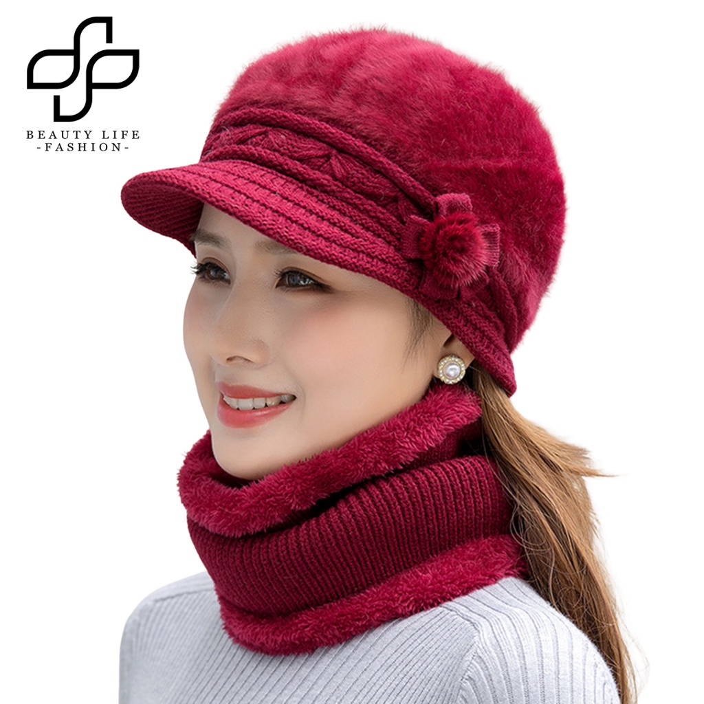 Bộ 2 Món Nón + Khăn Choàng Cổ + Bóng Lông Màu Trơn Giữ Ấm Mùa Đông Cho Phụ Nữ Trung Niên
