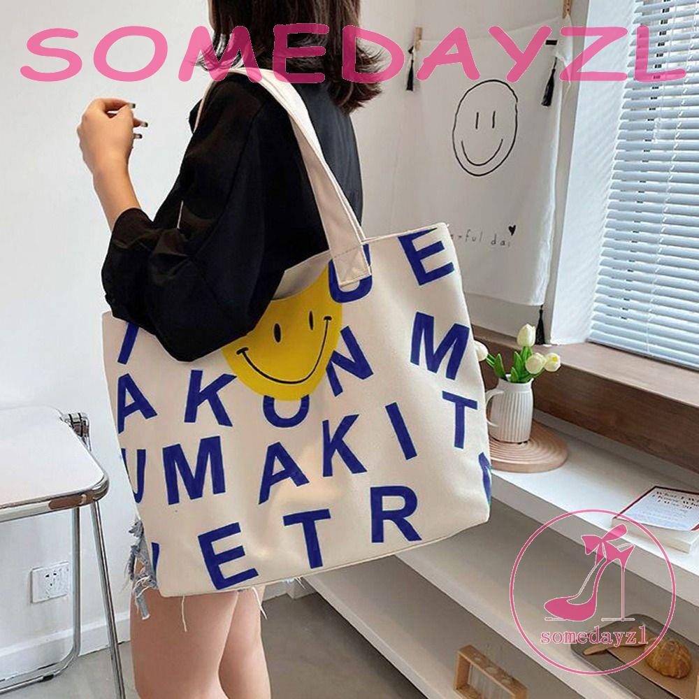 Túi Xách Canvas Đeo Vai In Hình Mặt Cười Dễ Thương Đựng Mỹ Phẩm / Đồ Dùng Cho Tuổi Teen