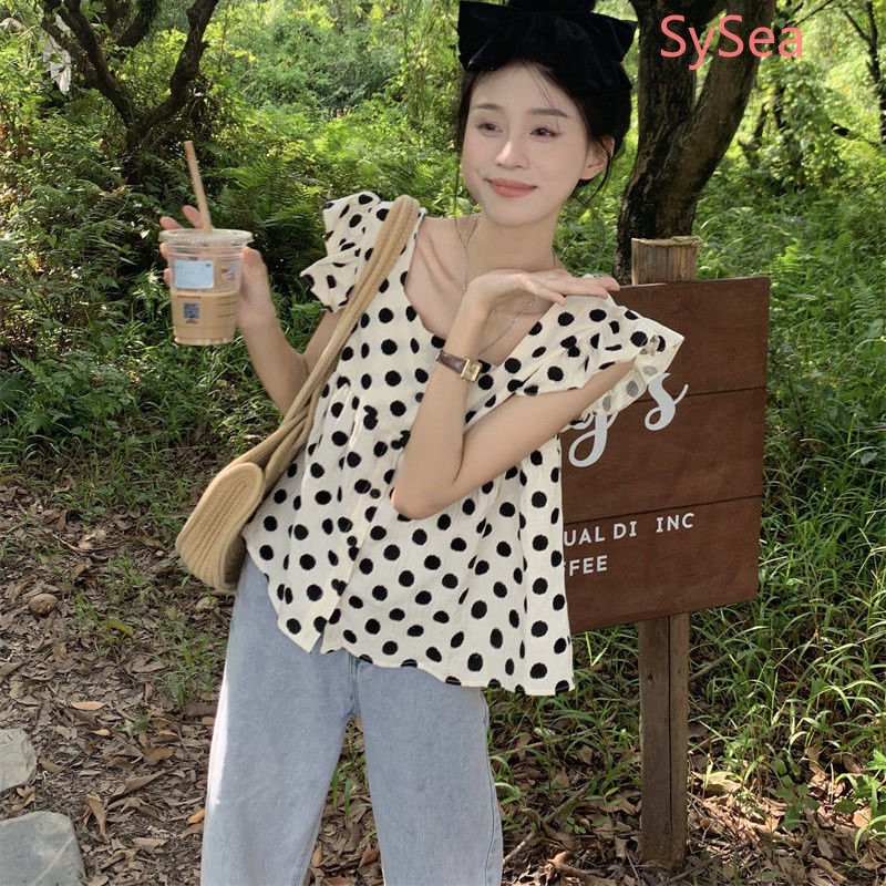 Áo Kiểu Tay Phồng Cổ Vuông Họa Tiết Chấm Bi Phong Cách Pháp