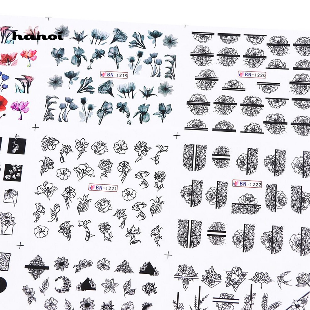 1 Set Miếng Dán Trang Trí Móng Tay Họa Tiết Hoa Lá Màu Đen Đẹp Mắt
