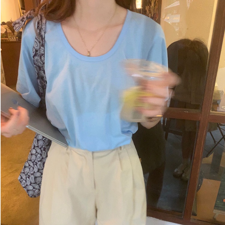 SUXI Áo Thun Ngắn Tay Dáng Rộng Màu Sắc Trơn Thời Trang Mùa Hè Hàn Quốc